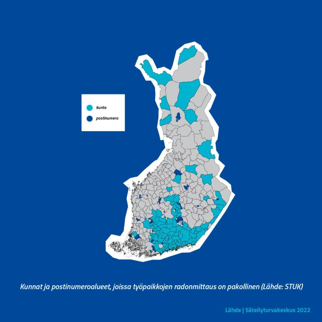 Radonalueet Suomessa, joissa työpaikkojen radonmittaus on pakollinen.